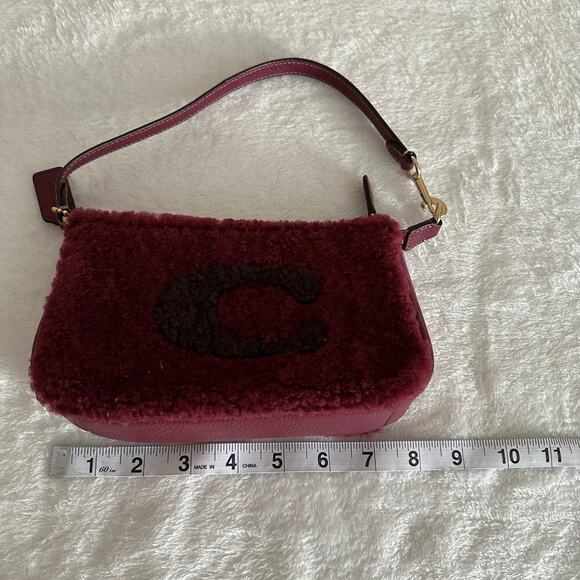 Coach Shearling Fur Shoulder Bag Burgundy Wine Leather Mini Y2K Cozy Chic - Picture 12 of 15